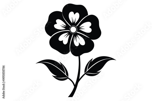 Stylized Black Flower with HeartShaped Details on Petals and Detailed Leaves Illustration