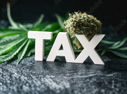 Cannabis and Tax Concept with White Letters on Dark Background