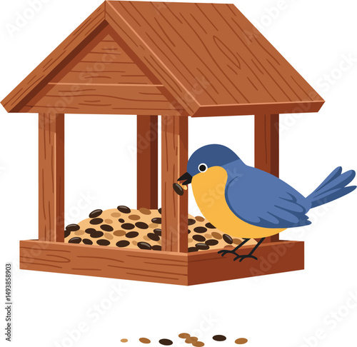 Bird eating seeds at wooden bird feeder with simple design and natural colors vector illustration 