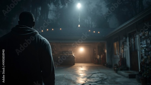 Silhouetted Figure Standing Outside a Garage at Night with Warm Lights and Foggy Atmosphere