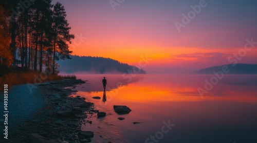 Silhouette of a Person Walking on a Tranquil Lake at Sunset with Vibrant Colors and Reflections