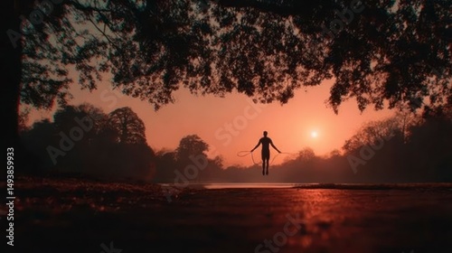 Silhouette of a Person Jumping Rope at Sunset with Trees and Warm Glow in the Background