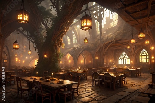 Grand Hall Dining Experience with Ancient Trees and Glowing Lanterns