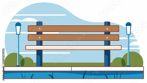 Wooden park bench illustration in flat style with lamps and sky