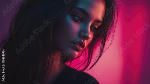 Portrait of a Woman with Red Lipstick in Neon Pink and Blue Lighting