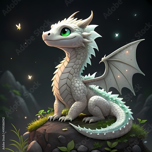 A beautiful and adorable baby dragon sitting on a rock at night