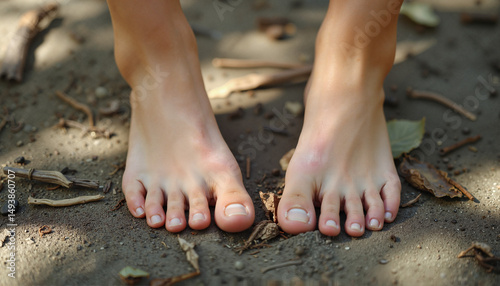 Bare feet on soil in natural environment with scattered leaves  