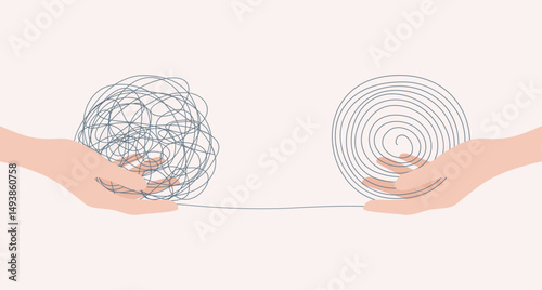Two human hands holding tangled and untangled connected balls. Flat vector illustration