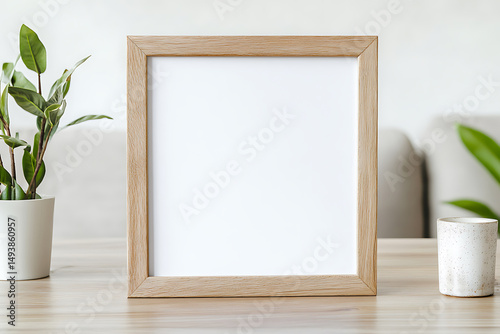 Wood frame on light wood table with plant and speckled cup. Bright, airy aesthetic. Ideal for showcasing art, photos, or promotional content. photo
