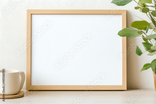 Elegant frame mockup on desk with coffee cup and plant. Perfect for showcasing artwork or photos in a minimalist, natural setting. Clean aesthetic.