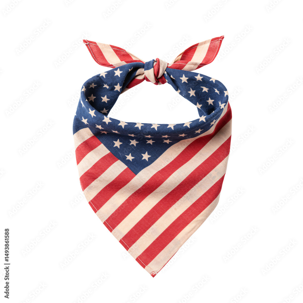 Fototapeta premium Vintage Style Patriotic Bandana Folded Diagonally Subtle Faded Stars Stripes Pattern Isolated Pure White Background