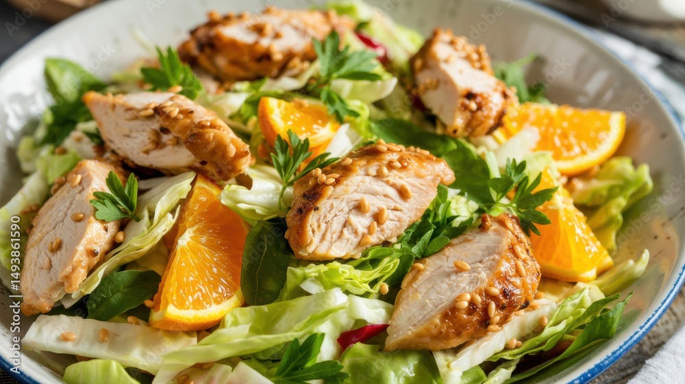 Chicken salad with orange and sesame dressing. Green cabbage, juicy orange slices, and tender chicken pieces. The salad is decorated with fresh parsley leaves. Chicken salad with orange and sesame dressing. Green cabbage, juicy orange slices, and tender chicken pieces. The salad is decorated with fresh parsley leaves.