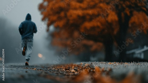 Runner in the Rain A Lone Figure Jogging on a Wet Pathway Amidst Autumn Leaves and Falling Rai