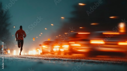 Runner in Motion Nighttime Urban Scene with Blurred Traffic and Street Lights