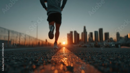 Runner in Motion at Sunset with Urban Skyline Background