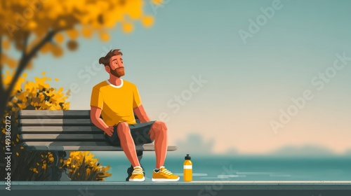 Relaxed Man Sitting on Bench with Water Bottle Enjoying Nature and Serenity in a Park Setting
