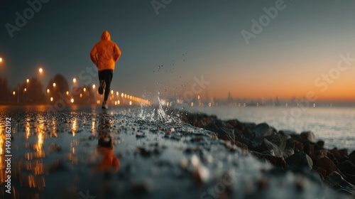 Runner in Orange Jacket at Sunset Splashing Water on Wet Pathway Evening Exercise Fitness Mo