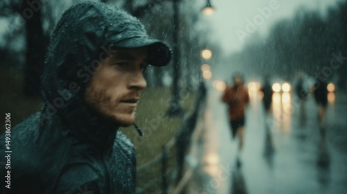 Rainy Night Walk A Person in a Hooded Jacket on a Wet Pathway with Blurred Background Lights