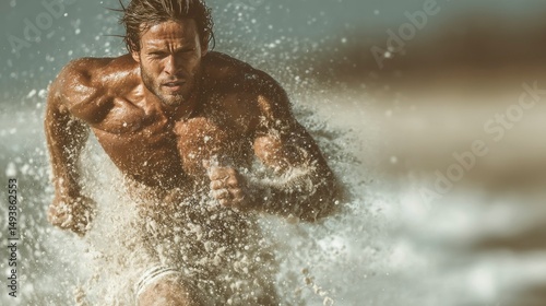 Powerful Man Running Through Ocean Waves Dynamic Action Shot Muscular Build Water Splash Fi