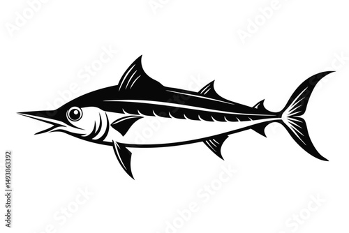 Striking Black Silhouette Illustration of a Majestic Swordfish with Detailed Fins and Tail