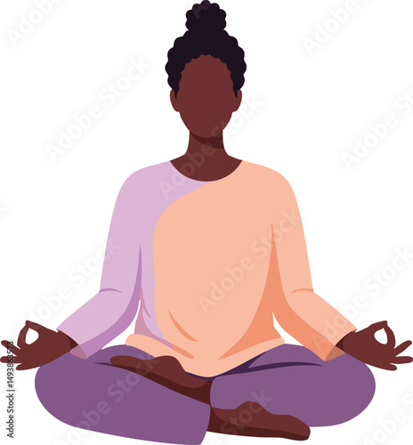 Woman in lotus meditation pose wearing pastel clothes practicing mindfulness and relaxation vector illustration 