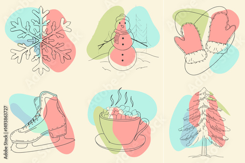 Winter themed illustrations of snowflakes, snowman, and cocoa  