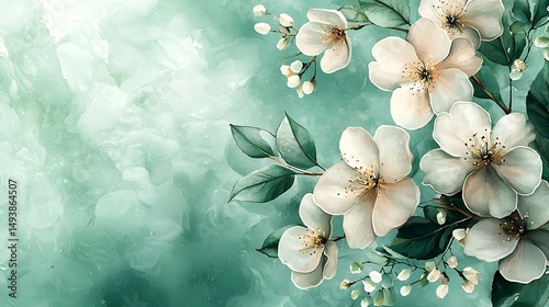 there is a painting of a bunch of white flowers on a green background