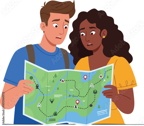 Confused young couple reading map during travel planning and navigation in outdoor adventure vector illustration 