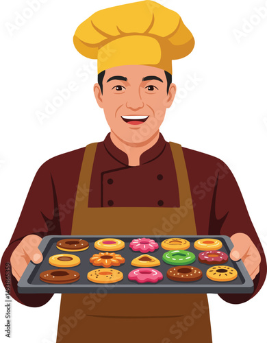 Male chef presenting tray of assorted colorful donuts in kitchen uniform and hat vector illustration 