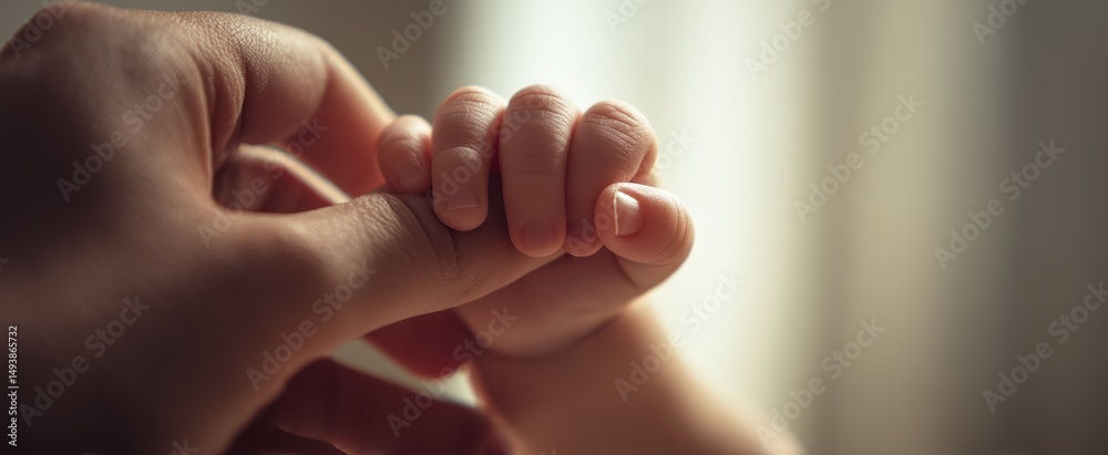 Obraz premium The intimate moment between a parent and their baby's tiny hand.