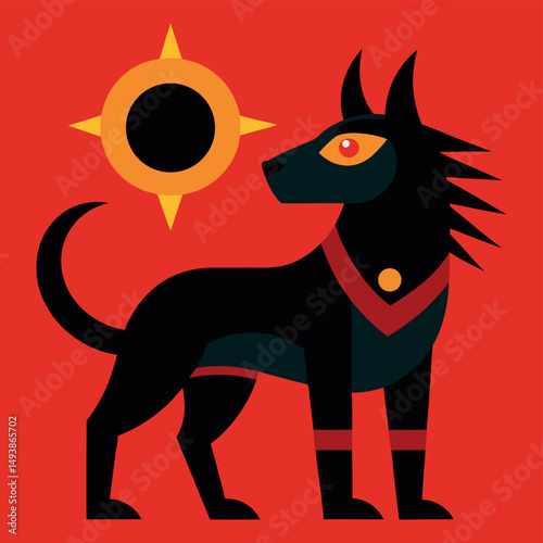 Stylized black dog sun eclipse geometric art