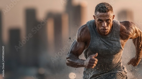Muscular Athlete Running Intense Fitness Urban Background
