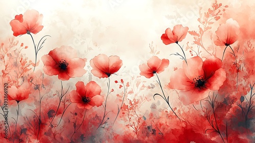 Fototapeta Naklejka Na Ścianę i Meble -  there is a painting of a bunch of red flowers on a white background