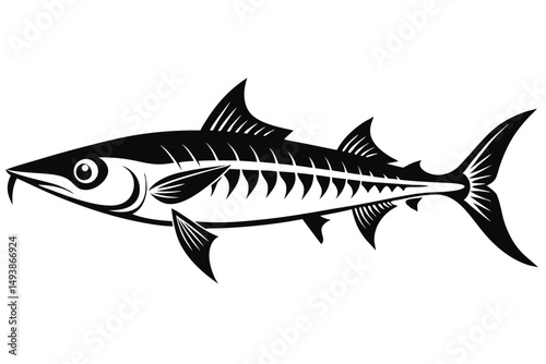Black and White Barracuda Fish Illustration Detailed Vector Graphic of Predatory Sea Creature