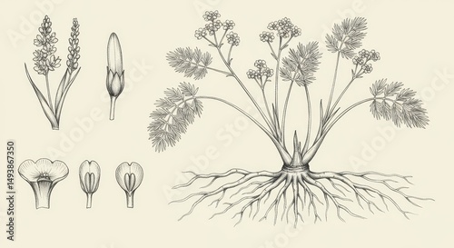 Botanical study, detailed illustration of arrowroot plant with root system