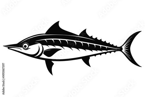 Stylized Black Vector Illustration of a Striking Swordfish with Fins and Tail Details