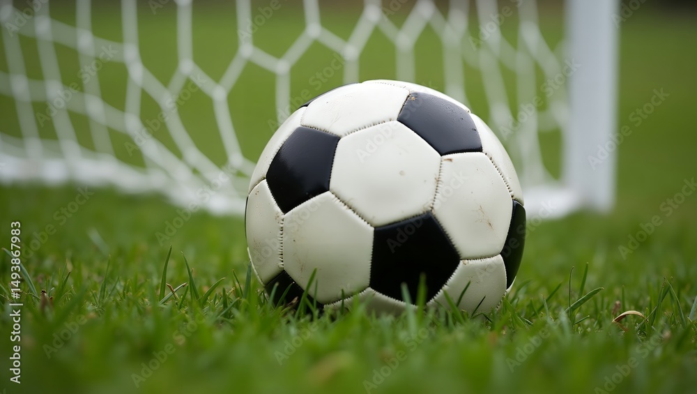 Fototapeta premium Classic Soccer Ball in Goal on Green Field