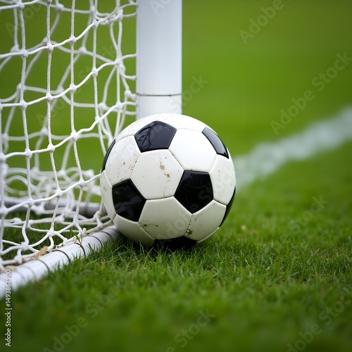 Classic Soccer Ball in Goal on Green Field

