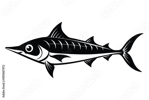 Black and White Stylized Illustration of a Swordfish with Dorsal Fins Outlined