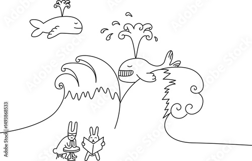 abstract horizontal illustration with flying whales over the sea waves in linear doodle style. Template for print background postcard banner backdrop