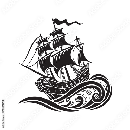 Black Silhouette of a Pirate Ship on Waves