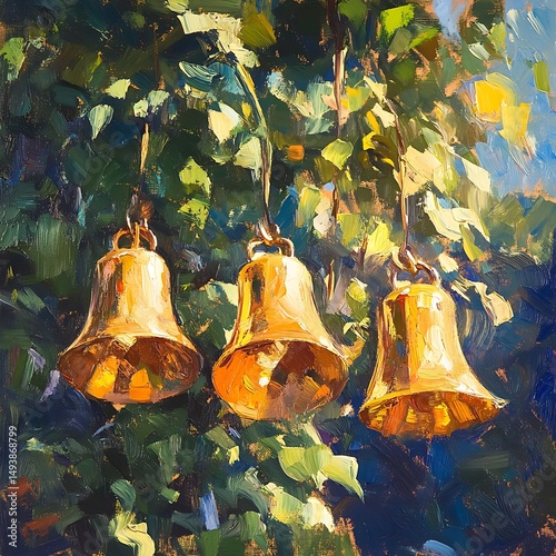 Three golden bells hanging among lush foliage.
