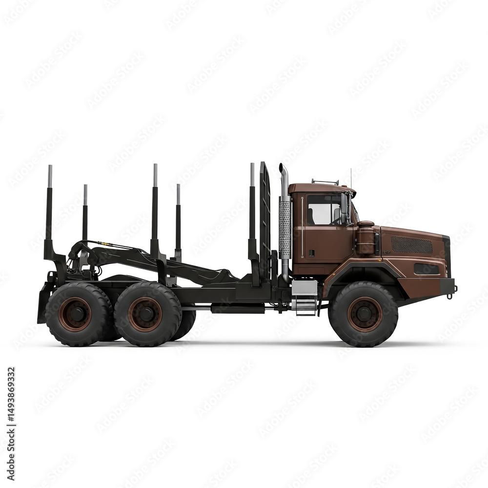 Fototapeta premium Heavy-duty logging truck parked on a construction site with wood logs ready for transport during daylight hours