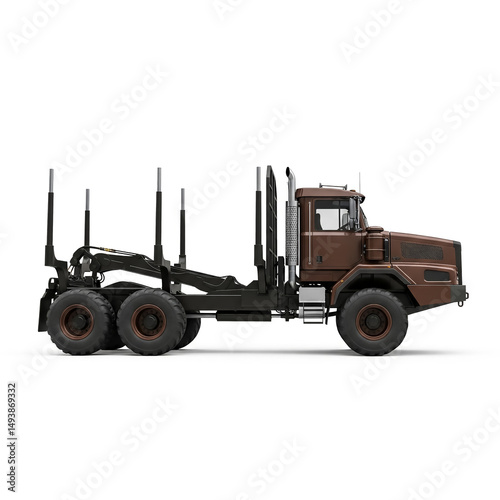 Heavy-duty logging truck parked on a construction site with wood logs ready for transport during daylight hours