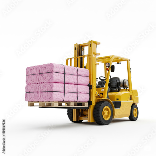 Forklift transports bundled pink insulation material at a construction site during daytime