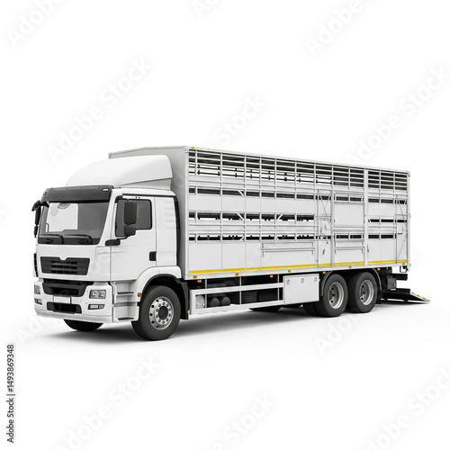 Large livestock transport truck parked in an industrial area on a sunny day ready for animal delivery