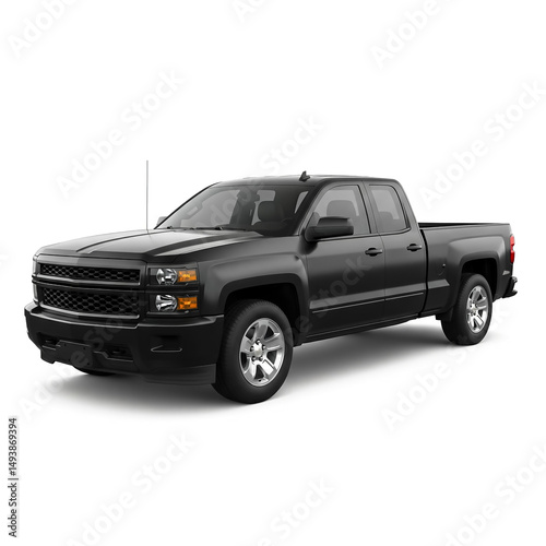 Black pickup truck parked on a sunny street with a clear blue sky in the background near residential homes