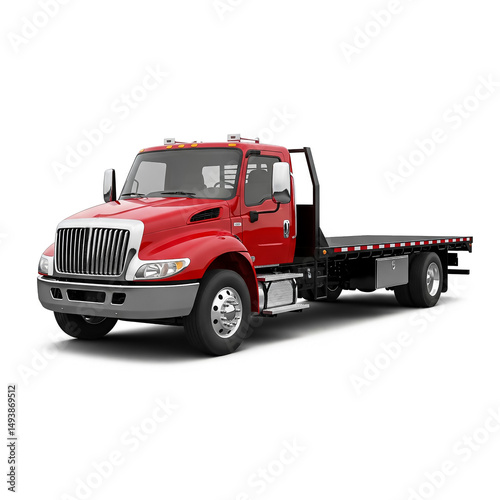 Bright red flatbed truck parked in an industrial area during the day