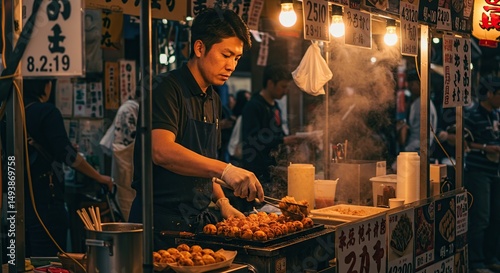 Japanese Street Food Chef Preparing Takoyaki at Night Market Culinary Scene in Osaka Japan Authentic Asian Cuisine