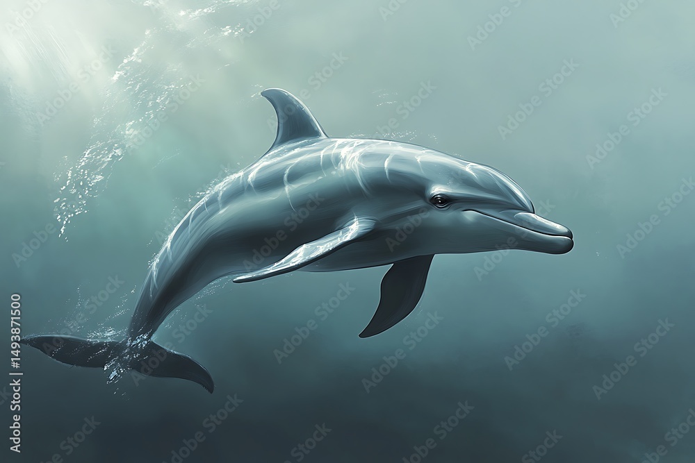 Naklejka premium A single dolphin swimming gracefully in the ocean with sunlight filtering through the water surface